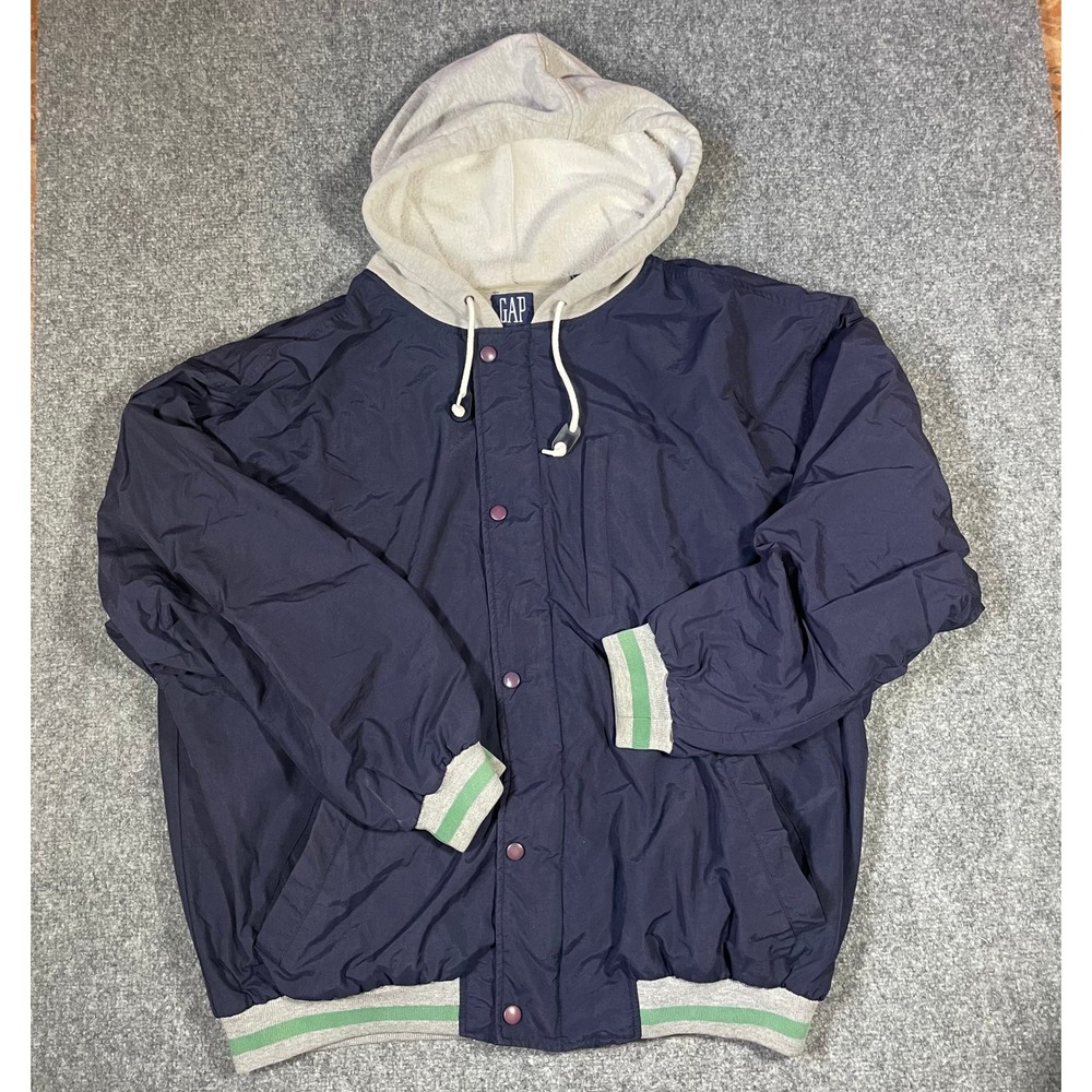 Vintage Gap Bomber Jacket Large Navy Blue Hooded‎ Nylon Varsity 90's Hoodie Zip
